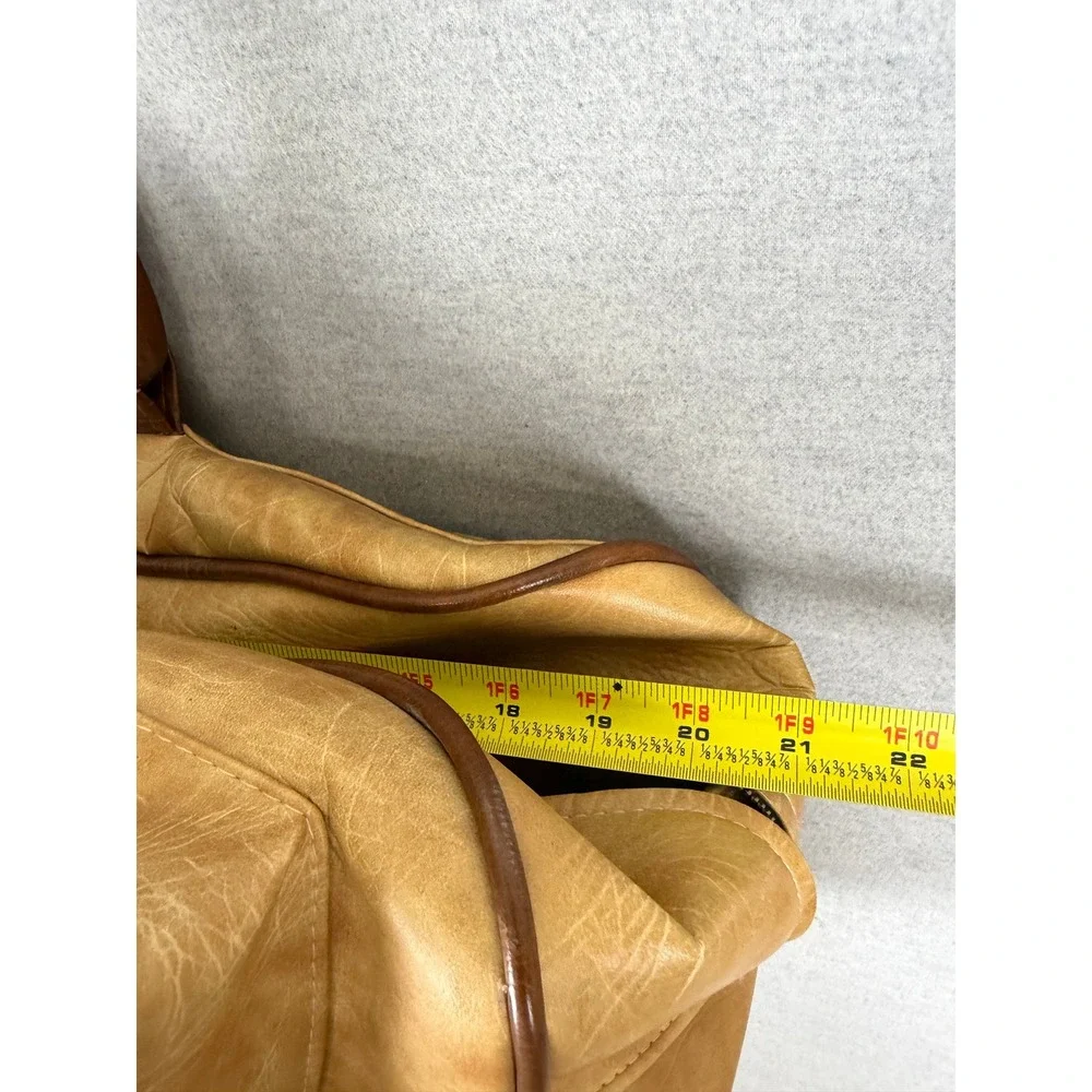 Vintage 60s Duffel Bag Tan Faux Leather Weekender Travel Luggage Brown Trim